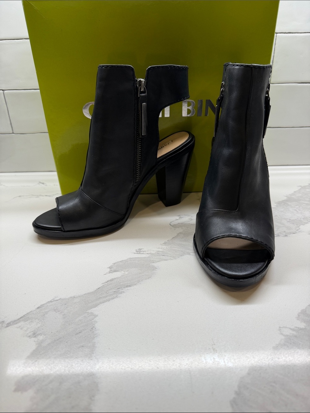 Gianni Bini Xanderr Black Open-Toe Leather Heeled Booties